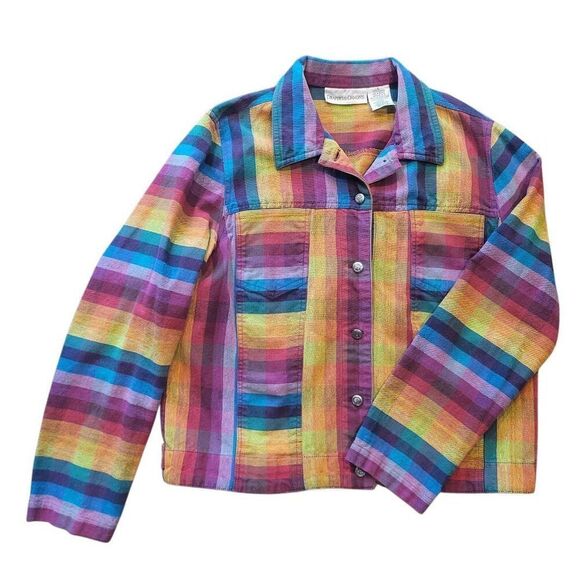 Vintage Jackets & Blazers - Vintage Jacket Women's Large Rainbow Colorful Art Cotton Woven Stripe